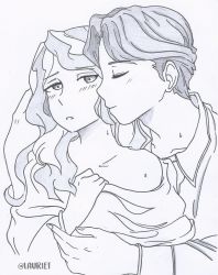 Rule 34 | 1boy, 1girl, andrew hanbridge, artist name, blush, diana cavendish, closed eyes, half-closed eyes, hetero, highres, imminent kiss, lauriet, little witch academia, monochrome, source request, traditional media, undressing, wavy hair