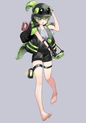 Rule 34 | 1girl, absurdres, arknights, backpack, bag, bare legs, barefoot, goggles, goggles on headwear, green eyes, green hair, helmet, highres, lantern, leaf, monster girl, open mouth, pea, plant girl, plants vs zombies, pompmaker1, ponytail, shorts, shovel, slingshot (weapon), solo, thigh strap, vest, weapon