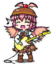 Rule 34 | 1girl, bad id, bad pixiv id, cable, chibi, closed eyes, electric guitar, female focus, fender telecaster, full body, head wings, lowres, musical note, mystia lorelei, oekaki, rorororororo, simple background, solo, standing, tele(guitar), touhou, white background, winged hat, wings