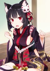 Rule 34 | 1girl, animal ears, azur lane, bell, black hair, blunt bangs, blush, breasts, cat ears, commentary request, detached sleeves, fox mask, hair between eyes, hair ornament, highres, japanese clothes, kimono, large breasts, long sleeves, looking at viewer, mask, mask on head, open mouth, paw pose, red eyes, short hair, sideboob, sitting, solo, yamashiro (azur lane), yuna (yukiyuna)