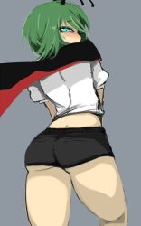 Rule 34 | 1girl, antennae, arched back, ass, blue eyes, blush, cape, commentary request, embarrassed, from behind, ginji (sakaki summer), green hair, grey background, looking back, one-hour drawing challenge, shirt, short shorts, shorts, solo, sweatdrop, touhou, white shirt, wriggle nightbug