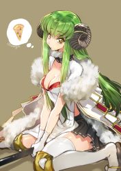 Rule 34 | 1girl, anila (granblue fantasy), anila (granblue fantasy) (cosplay), breasts, brown background, c.c., cape, cleavage, code geass, cosplay, creayus, draph, food, fur, gloves, granblue fantasy, green hair, horns, long hair, looking at viewer, medium breasts, pizza, pleated skirt, sandals, sheep horns, simple background, sitting, skirt, solo, thighhighs, twitter username, wariza, white gloves, white thighhighs, yellow eyes