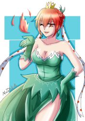 Rule 34 | 1girl, ;d, artist name, bare shoulders, braid, breasts, cleavage, crown, dress, fire, gloves, green gloves, hair between eyes, hand on own hip, hand up, highres, jewelry, mario (series), motoyuka (txaj3324), new super mario bros. u deluxe, nintendo, one eye closed, open mouth, personification, piranha plant, red eyes, sharp teeth, short hair, simple background, smile, solo, standing, super crown, teeth