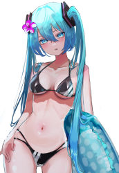 Rule 34 | 1girl, aqua eyes, aqua hair, bikini, black bikini, breasts, collarbone, commentary, contrapposto, duplicate, flower, hair flower, hair ornament, hatsune miku, hibiscus, highres, holding, holding swim ring, innertube, long hair, looking at viewer, navel, open mouth, pink flower, pixel-perfect duplicate, rerendi, simple background, solo, swim ring, swimsuit, twintails, very long hair, vocaloid