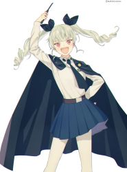 Rule 34 | 10s, 1girl, :d, anchovy (girls und panzer), anzio school uniform, arm up, belt, black belt, black cape, black necktie, black ribbon, black skirt, cape, commentary request, dress shirt, drill hair, emblem, girls und panzer, green hair, hair ribbon, hand on own hip, holding, long hair, long sleeves, looking at viewer, miniskirt, mokuzu (mokuzzzzz), necktie, open mouth, pantyhose, pleated skirt, red eyes, ribbon, riding crop, school uniform, shirt, simple background, skirt, smile, solo, standing, twin drills, twintails, twitter username, v-shaped eyebrows, white background, white pantyhose, white shirt