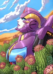 Rule 34 | 1girl, autobot, cactus, cloud, commentary, cosmicdanger, desert, english commentary, looking up, mecha, nautica (transformers), no humans, parted lips, purple lips, robot, sky, solo, the transformers (idw), transformers, upper body