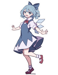 Rule 34 | 1girl, :d, blue bow, blue eyes, blue hair, blush stickers, bow, cirno, collared shirt, detached wings, fairy, full body, hair between eyes, hair bow, highres, ice, ice wings, kame (kamepan44231), one-hour drawing challenge, open mouth, outstretched arms, puffy short sleeves, puffy sleeves, red footwear, round teeth, shirt, shoes, short hair, short sleeves, simple background, smile, socks, solo, spread arms, teeth, touhou, upper teeth only, white background, white shirt, white socks, wings