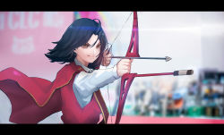 Rule 34 | 1girl, absurdres, aiming, animification, black hair, blurry, blurry background, bow (weapon), cape, collared shirt, commentary, cowlick, eyeshadow, floating cape, floating hair, highres, holding, holding bow (weapon), holding weapon, k-pop, letterboxed, licking lips, makeup, medium hair, mole, mole under mouth, real life, red cape, red eyeshadow, red vest, shirt, smile, solo, tongue, tongue out, twice (group), tzuyu (twice), vest, vuxer, weapon, white shirt