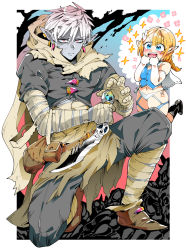 Rule 34 | 1boy, 1girl, bag, bandaged arm, bandaged hand, bandaged leg, bandages, bare shoulders, blonde hair, blue eyes, blush, boots, closed mouth, colored skin, dagger, dark elf, earrings, elbow gloves, elf, gloves, grey skin, holding, holding dagger, holding knife, holding weapon, jewelry, kafun, knife, navel, open mouth, original, pointy ears, pouch, red eyes, sparkle, teeth, torn clothes, upper teeth only, weapon, white gloves, white hair