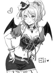 Rule 34 | 1girl, ayase eli, bat wings, belt, breasts, cleavage, cowboy shot, detached collar, garter straps, greyscale, hands on own hips, hat, heart, high ponytail, love live!, love live! school idol festival, love live! school idol project, midriff, mini hat, mini witch hat, miniskirt, monochrome, navel, noriuma, scrunchie, skirt, smile, solo, wings, witch hat, wrist cuffs