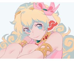 Rule 34 | 1girl, armband, blonde hair, blue eyes, blush, close-up, commentary, cross-shaped pupils, curled up, english commentary, flower, hair flower, hair ornament, knees up, long hair, nia teppelin, pollo (pollo pom), smile, solo, symbol-shaped pupils, tengen toppa gurren lagann