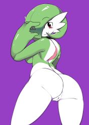 Rule 34 | 1girl, absurdres, airalin (mark folks), anus, ashraely, ass, back, blush stickers, breasts, cleft of venus, collar, creatures (company), curvy, from behind, furry, furry female, game freak, gardevoir, gen 3 pokemon, green hair, hair over one eye, highres, large breasts, looking at viewer, looking back, nintendo, nude, pink eyes, pokemon, pokemon (creature), purple background, pussy, short hair, sideboob, simple background, smile, solo, thick thighs, thighs, uncensored