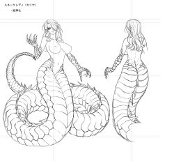 Rule 34 | 1girl, ass, breasts, character design, character sheet, claws, concept art, curvy, female focus, kagami hirotaka, large breasts, lilith-soft, long hair, monochrome, monster girl, nipples, nude, simple background, smile, snake girl, solo, sweat, tail, taimanin (series), taimanin asagi, taimanin asagi zero, translation request, white background