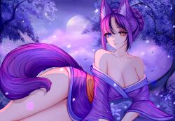 Rule 34 | 1girl, absurdres, animal ear fluff, animal ears, artist name, awful queen (vtuber), breasts, cherry blossoms, eyelashes, fox ears, fox girl, fox tail, heterochromia, highres, indie virtual youtuber, japanese clothes, kimono, large breasts, looking at viewer, monster girl, moon, purple tail, tail, tiffichka, yukata