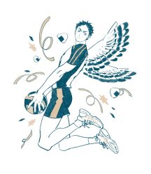 Rule 34 | 1boy, akaashi keiji, ball, bird wings, blue eyes, chengongzi123, closed mouth, commentary, confetti, feathered wings, flying, food, from side, full body, haikyuu!!, highres, holding, holding ball, limited palette, looking at viewer, looking to the side, male focus, onigiri, playing sports, shirt, shoes, short hair, short sleeves, shorts, simple background, sneakers, socks, sportswear, symbol-only commentary, uniform, very short hair, volleyball, volleyball (object), volleyball uniform, white background, wings
