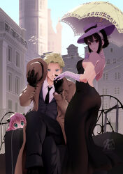 Rule 34 | 1boy, 2girls, anya (spy x family), artist logo, ass, backless dress, backless outfit, black dress, black hair, black necktie, black pants, black vest, blue eyes, breasts, brown coat, brown headwear, child, city, coat, collared shirt, commentary, crossed legs, dress, earrings, eladb art, elbow gloves, english commentary, family, gloves, gold earrings, green eyes, hair bun, hairpods, hat, highres, holding, holding clothes, holding hands, holding hat, holding umbrella, jewelry, large breasts, long dress, multiple girls, necklace, necktie, outdoors, pants, pearl necklace, pink hair, red eyes, shirt, sideboob, sidelocks, sky, spy x family, suitcase, sun hat, twilight (spy x family), umbrella, vest, white gloves, white headwear, white shirt, yor briar