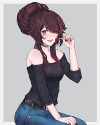 Rule 34 | 1girl, ;d, alternate costume, bare shoulders, black nails, black shirt, breasts, brown eyes, brown hair, candy, commentary, commission, denim, food, genshin impact, hair bun, highres, holding, holding candy, holding food, holding lollipop, hu tao (genshin impact), jeans, lollipop, long hair, long sleeves, looking at viewer, no headwear, off-shoulder shirt, off shoulder, one eye closed, open mouth, pants, rurui134, shirt, sitting, small breasts, smile, solo