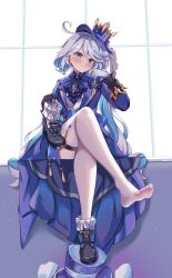 Rule 34 | 1girl, absurdres, ahoge, ascot, black footwear, black gloves, blue ascot, blue eyes, blue hair, blue hat, blue jacket, blush, brooch, colored inner hair, commentary request, furina (genshin impact), genshin impact, gloves, grey hair, hand up, hat, highres, holding, holding clothes, holding footwear, jacket, jewelry, long hair, long sleeves, looking at viewer, multicolored hair, pantyhose, shoes, sitting, smile, socks, solo, streaked hair, thigh strap, thighs, top hat, very long hair, white gloves, white pantyhose, white socks, whitecatcat