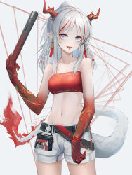 Rule 34 | 1girl, :d, arknights, bandeau, bare shoulders, belt, black belt, braid, breasts, commentary, cowboy shot, flame-tipped tail, grey background, half updo, hand up, highres, holding, horns, long hair, looking at viewer, medium breasts, midriff, multicolored hair, navel, nian (arknights), open mouth, pointy ears, purple eyes, red hair, short shorts, shorts, sidelocks, smile, solo, standing, sthk, stomach, strapless, streaked hair, tongue, tongue out, tube top, twin braids, white hair, white shorts