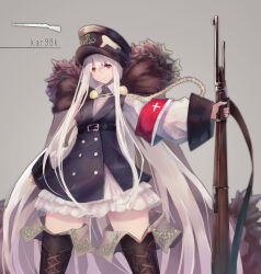 Rule 34 | 1girl, armband, boots, girls&#039; frontline, gun, hat, highres, kar98k (girls&#039; frontline), looking at viewer, red eyes, smile, solo, weapon, white hair