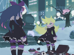 Rule 34 | 10s, 2girls, back lace, bare tree, blonde hair, blue eyes, boots, bow, coat, fur, fur coat, gun, hair bow, long hair, multicolored hair, multiple girls, official style, outdoors, panties, panty &amp; stocking with garterbelt, panty (psg), pantyhose, purple legwear, siblings, sisters, stocking (psg), striped clothes, striped legwear, striped thighhighs, stuffed animal, stuffed toy, suitcase, thighhighs, tree, two-tone hair, underwear, visark, weapon