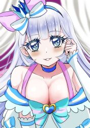 Rule 34 | 1girl, alternate breast size, arm warmers, blue choker, blue eyes, blue hairband, blush, bow, breasts, brooch, choker, collarbone, cure nyammy, dot nose, dress, dress bow, hairband, hat, hat bow, heart, heart brooch, highres, hime cut, jewelry, large breasts, long hair, looking at viewer, mito youki, multicolored bow, nekoyashiki yuki, parted lips, pink bow, precure, short dress, smile, solo, straight-on, striped, striped bow, upper body, white dress, white hair, wonderful precure!