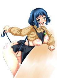 Rule 34 | 10s, 1girl, apron, ass, between breasts, between buttocks, blue hair, blush, breast press, breasts, breasts out, butt crack, clothes lift, green eyes, gundam, gundam build fighters, happy, hip focus, huge breasts, iori rinko, kurogane (majesticrune), large breasts, lipstick, long hair, makeup, mature female, naked apron, nipples, no bra, no panties, open mouth, ponytail, ribbed sweater, shiny skin, smile, solo, sweater, sweater lift, thighs, turtleneck, very long hair, wide hips
