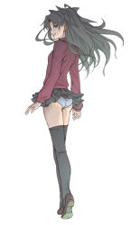 Rule 34 | 00s, 1girl, ass, back, black thighhighs, fate/stay night, fate (series), female focus, from behind, full body, legs, long legs, looking back, minato fumi, miniskirt, panties, pantyshot, pleated skirt, shoes, simple background, skirt, solo, standing, thighhighs, tohsaka rin, turtleneck, two side up, underwear, upskirt, white background, white panties, wind, wind lift, zettai ryouiki