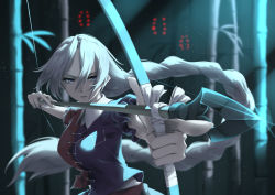 Rule 34 | 1girl, arms up, arrow (projectile), bamboo, bamboo forest, blue dress, bow (weapon), braid, breasts, collar, collared dress, dress, forest, grey eyes, hair between eyes, hands up, highres, light, long hair, looking to the side, medium breasts, moonlight, multicolored clothes, multicolored dress, nature, night, no headwear, open mouth, otomeza ryuseigun, puffy short sleeves, puffy sleeves, red dress, shadow, short sleeves, silver hair, solo, touhou, weapon, yagokoro eirin