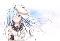 Rule 34 | 10s, 1girl, ascot, blue eyes, gradient background, hair over one eye, hammer and sickle, hat, hibiki (kancolle), kantai collection, long hair, looking at viewer, moegi nenene, personification, school uniform, serafuku, silver hair, solo, star (symbol), torn clothes, verniy (kancolle), visor cap