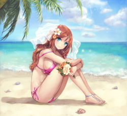 Rule 34 | 1girl, anklet, bare shoulders, barefoot, barefoot sandals (jewelry), beach, bikini, blue eyes, blue sky, bouquet, breasts, brown hair, closed mouth, cloud, day, eyebrows, flower, frilled bikini, frills, from side, full body, hair flower, hair ornament, highres, holding, holding flower, horizon, jewelry, knees up, large breasts, leaning forward, long hair, looking at viewer, looking to the side, off shoulder, original, outdoors, palm tree, pink bikini, pink ribbon, plant, puky, red flower, ribbon, rock, sand, see-through, shell, shore, side-tie bikini bottom, sideboob, sitting, sky, smile, solo, strap slip, swimsuit, tree, veil, very long hair, water, waves, white flower
