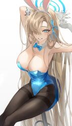 Rule 34 | 1girl, absurdres, animal ears, aqua bow, aqua bowtie, aqua leotard, armpits, arms up, asuna (blue archive), asuna (bunny) (blue archive), asymmetrical bangs, black pantyhose, blue archive, blush, bow, bowtie, breasts, cleavage, commentary, detached collar, fake animal ears, feet out of frame, gloves, hair over one eye, halo, highres, large breasts, lee0124, leotard, light brown hair, long hair, looking at viewer, official alternate costume, on stool, one eye covered, own hands together, pantyhose, playboy bunny, rabbit ears, sitting, smile, solo, strapless, strapless leotard, very long hair, white gloves