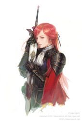 Rule 34 | 1girl, armor, bad id, bad pixiv id, cape, chair, earrings, gauntlets, hwansang, jewelry, long hair, original, parted lips, pauldrons, pendant, red hair, shoulder armor, simple background, solo, sword, weapon