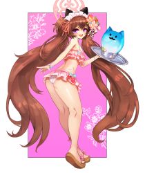 Rule 34 | 1girl, ass, bikini, blue archive, blush, bow, breasts, brown hair, frilled bikini, frills, hair bow, hair ornament, halo, highres, long hair, looking at viewer, maid, maid headdress, notte, open mouth, platform footwear, purple eyes, sandals, shizuko (blue archive), shizuko (swimsuit) (blue archive), small breasts, smile, solo, swimsuit, two side up, wa maid
