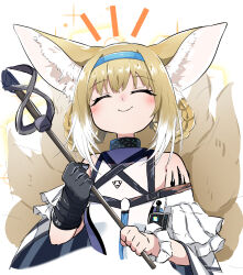 Rule 34 | 1girl, animal ears, arknights, bare shoulders, black gloves, blonde hair, blush, braid, braided hair rings, closed eyes, closed mouth, clothing cutout, colored tips, commentary request, cropped torso, facing viewer, fox ears, fox girl, fox tail, frilled sleeves, frills, gloves, hair rings, harusame mgmg3, highres, holding, holding staff, kitsune, kyuubi, material growth, multicolored hair, multiple tails, oripathy lesion (arknights), short hair, short sleeves, shoulder cutout, single glove, smile, solo, staff, suzuran (arknights), tail, twin braids, two-tone hair, white hair, wrist cuffs