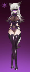 Rule 34 | 1girl, absurdres, alternate costume, animal ears, arknights, bar censor, bare shoulders, behind-the-head headphones, black gloves, blush, boots, brown leotard, budesonide, censored, corruption, covered navel, crossed legs, crotchless, crotchless leotard, dark persona, elbow gloves, facing viewer, finger to mouth, fox ears, fox girl, fox tail, frostleaf (arknights), full body, gloves, gradient background, groin, headphones, highres, implied extra ears, impossible clothes, impossible leotard, leotard, long hair, looking at viewer, nipple piercing, parted lips, piercing, piercing through clothes, pubic tattoo, purple background, purple footwear, pussy, pussy juice, shoulder tattoo, silver hair, smile, solo, standing, tail, tattoo, thigh boots, thighhighs, visor, watson cross