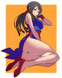 Rule 34 | 1girl, ass, bare shoulders, black hair, blue dress, bracer, breasts, chi-chi (dragon ball), china dress, chinese clothes, closed mouth, dragon ball, dragon ball (classic), dress, frown, grey eyes, kara age, legs, looking at viewer, low ponytail, medium breasts, no panties, red footwear, sash, shoes, side slit, sidelocks, sleeveless, sleeveless dress, solo, thighs