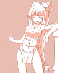 Rule 34 | 1girl, :d, blush, bow, breasts, brown background, buttons, closed eyes, collared shirt, cowboy shot, fujiwara no mokou, hair bow, leaning on object, loincloth, long hair, medium breasts, miyo (ranthath), monochrome, navel, open mouth, shirt, short sleeves, simple background, smile, solo, touhou, very long hair