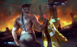 Rule 34 | 1boy, absurdres, alternate muscle size, ass, back, cityscape, coat, cyberpunk, cyberpunk (series), cyberpunk edgerunners, cyborg, david martinez, energy gun, fanqie, feet out of frame, fire, from behind, glowing, glowing eye, highres, holding, holding clothes, holding coat, laser, laser rifle, looking at viewer, male focus, mohawk, muscular, muscular male, pointing, pointing at another, pointing gun, short hair, solo focus, topless male, triceps, weapon