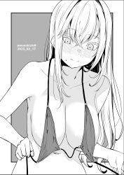 Rule 34 | 1girl, bikini, bikini top only, blush, breasts, closed mouth, collarbone, commentary request, crossed bangs, dated, grey background, greyscale, hair between eyes, highres, kichihachi, large breasts, long hair, looking down, monochrome, navel, nose blush, original, sweatdrop, swimsuit, twintails, twitter username, two-tone background, untied bikini, upper body, white background
