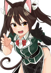 Rule 34 | absurdres, animal ears, bow, bowtie, brown eyes, brown hair, cat ears, cat tail, commentary request, curled fingers, elbow gloves, fang, gloves, green shirt, hair between eyes, hair ribbon, highres, kantai collection, leaning forward, long hair, osmium-76, pelvic curtain, red bow, red bowtie, ribbon, shirt, side slit, simple background, single elbow glove, tail, tone (kancolle), tone kai ni (kancolle), twintails, white background, white ribbon