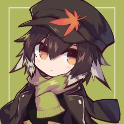 Rule 34 | 1girl, alternate costume, arknights, baseball cap, black hat, black jacket, blush, brown hair, closed mouth, commentary request, expressionless, gloves, green background, grey hair, hair between eyes, hat, jacket, leaf, leaf on head, long sleeves, looking at viewer, medium hair, multicolored hair, open clothes, open jacket, orange eyes, plume (arknights), sasa onigiri, shawl, solo, two-tone hair, upper body