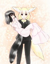 Rule 34 | 10s, 2girls, animal ears, bare shoulders, bride, carrying, common raccoon (kemono friends), couple, dress, elbow gloves, fennec (kemono friends), formal, fox ears, fur collar, gloves, groom, kemono friends, lily lot, multiple girls, princess carry, raccoon ears, short hair, smile, strapless, strapless dress, suit, tail, tuxedo, wedding dress, white dress, wife and wife, yuri