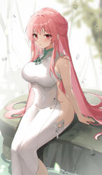 1girl absurdres arm_support azur_lane bare_shoulders blush breasts china_dress chinese_clothes commentary_request dress groin highres large_breasts long_hair looking_at_viewer navel no_panties official_alternate_costume open_mouth perseus_(azur_lane) perseus_(spring_lackadaisical_leisure)_(azur_lane) pink_eyes pink_hair shallow_water sideboob solo stomach thighs usagi_(786113654) water white_dress