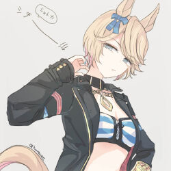 Rule 34 | 1girl, alternate hair length, alternate hairstyle, animal ears, bandeau, black coat, blonde hair, blue eyes, bow, breasts, choker, cleavage, closed mouth, coat, ear bow, frown, gold city (umamusume), grey background, hand up, horse ears, horse girl, horse tail, inutose, long sleeves, looking at viewer, multicolored nails, open clothes, open coat, short hair, simple background, small breasts, solo, tail, twitter username, umamusume, upper body