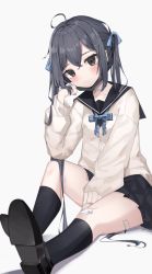 Rule 34 | 1girl, absurdres, ahoge, bad id, bad twitter id, bandaged neck, bandages, bandaid, bandaid on knee, bandaid on leg, between legs, black eyes, black footwear, black hair, black sailor collar, black skirt, black socks, blue bow, blue bowtie, blue ribbon, bow, bowtie, closed mouth, collarbone, commentary, elbow on knee, full body, hair between eyes, hair ornament, hair ribbon, hand between legs, hand up, head tilt, highres, kneehighs, light blush, long hair, long sleeves, looking at viewer, mask, mask pull, mouth mask, original, plaid, plaid bow, plaid bowtie, plaid neckwear, pleated skirt, ribbon, riko (rik0ring), sailor collar, school uniform, serafuku, simple background, sitting, skirt, socks, solo, sweater vest, symbol-only commentary, twintails, white background, white sweater vest, x hair ornament