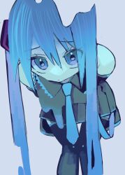 Rule 34 | 1girl, arms behind back, bare shoulders, black thighhighs, blending, blue eyes, blue hair, blue necktie, closed mouth, collared shirt, commentary, detached sleeves, eyes visible through hair, feet out of frame, grey background, grey shirt, hair between eyes, hair ornament, hatsune miku, highres, leaning forward, long hair, looking at viewer, melting, miniskirt, necktie, pleated skirt, shirt, simple background, skirt, sleeveless, sleeveless shirt, solo, standing, symbol-only commentary, thighhighs, twintails, urokogaran, very long hair, vocaloid