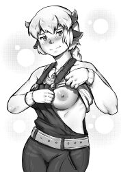 Rule 34 | 1girl, animal ears, bell, belt, blush, breasts, closed mouth, clothes lift, commentary request, cow ears, cow girl, cow horns, cowboy shot, gloves, greyscale, highres, horns, jingle bell, large breasts, long hair, looking at viewer, monochrome, nandi (puchirisu), neck bell, nipples, nose blush, original, overalls, ponytail, puchirisu, shirt lift, smile, solo, tank top