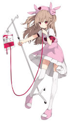 Rule 34 | 1girl, armband, blood, blood bag, commentary request, dress, fingernails, full body, hair ornament, hat, heart, highres, holding, intravenous drip, leg up, light brown hair, long hair, looking at viewer, nail polish, natori sana, nurse, nurse cap, outstretched arm, paryi, pink dress, pink eyes, rabbit hair ornament, red nails, sana channel, shoes, short sleeves, simple background, solo, standing, standing on one leg, thighhighs, toeless footwear, two side up, virtual youtuber, white background, white thighhighs