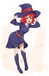 Rule 34 | 1girl, absurdres, boots, cape, full body, hat, highres, little witch academia, long hair, looking at viewer, maviss 03, open mouth, red eyes, red hair, shiny chariot, simple background, skirt, smile, solo, white background, witch, witch hat